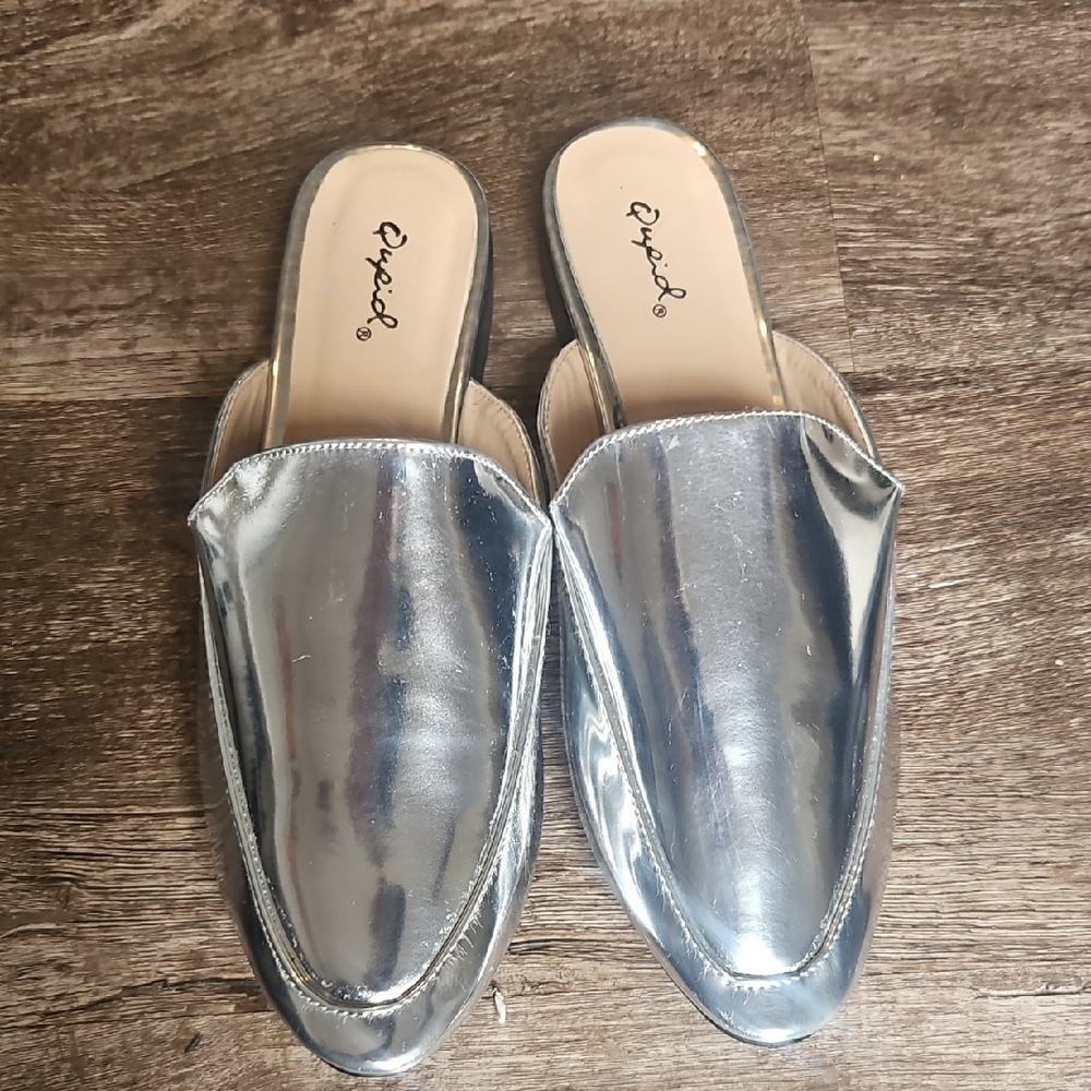 Qupid Shimmering Silver Slip-On Mules
